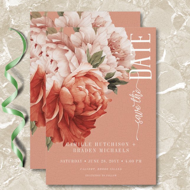Vintage Rustikale Hochzeiten Save The Date (Vintage Rustic Rust & Peach Peonies Wedding Save The Date)