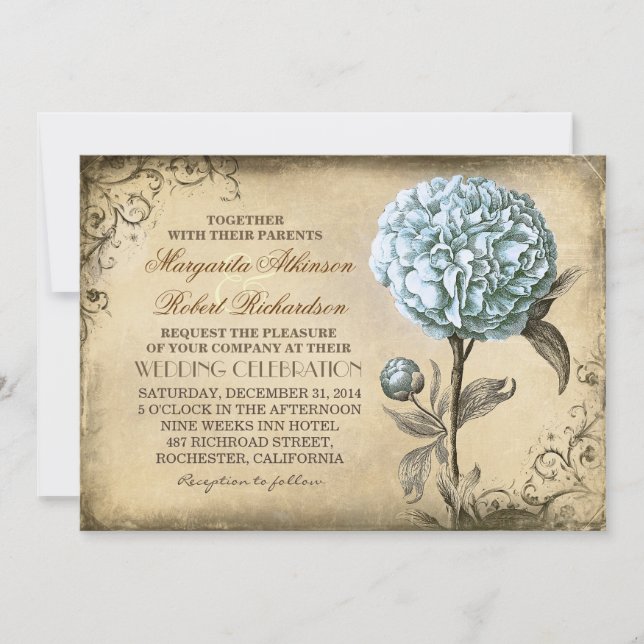 Vintage rustikale Hochzeitseinladung mit blauer Pf Einladung (Vorderseite)