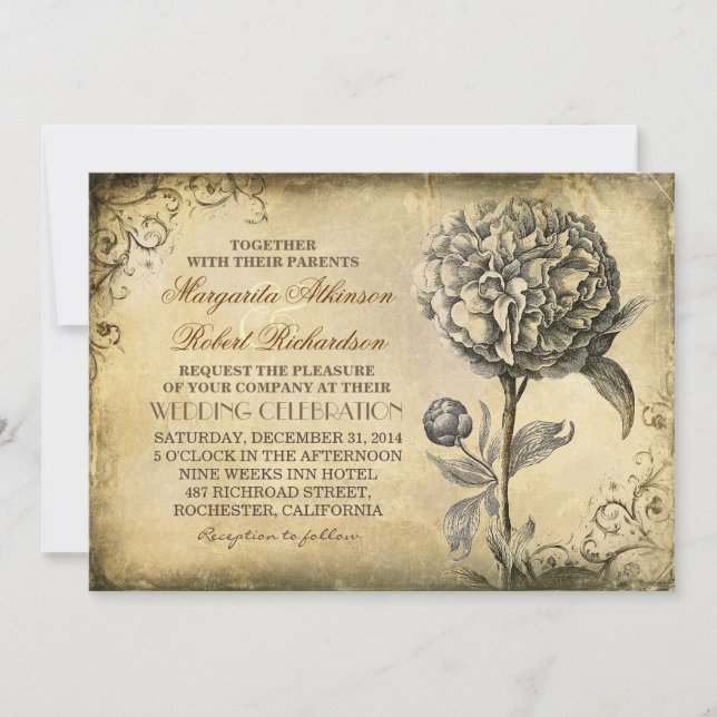 Vintage rustikale Hochzeitseinladung mit Peonblüte Einladung (Vorderseite)