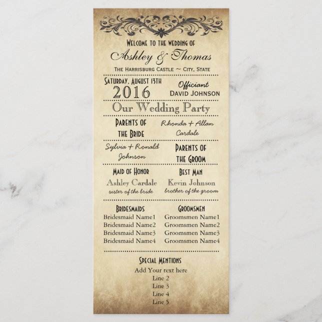 Vintage rustikale Hochzeitsprogramme Programm (Vorderseite)