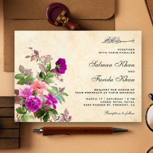 Vintage Rustikale Lila Florale Islamische Hochzeit Einladung
