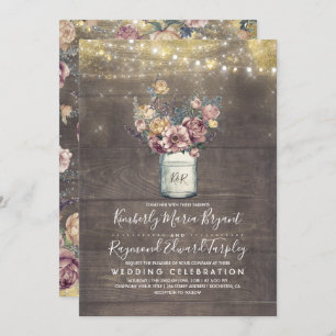 Vintage Rustikale Mason Jar Mauve und Goldhochzeit Einladung