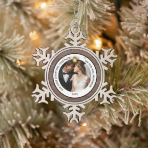 Vintage Rustikale Mr. & Mrs. Schneeflocken Zinn-Ornament
