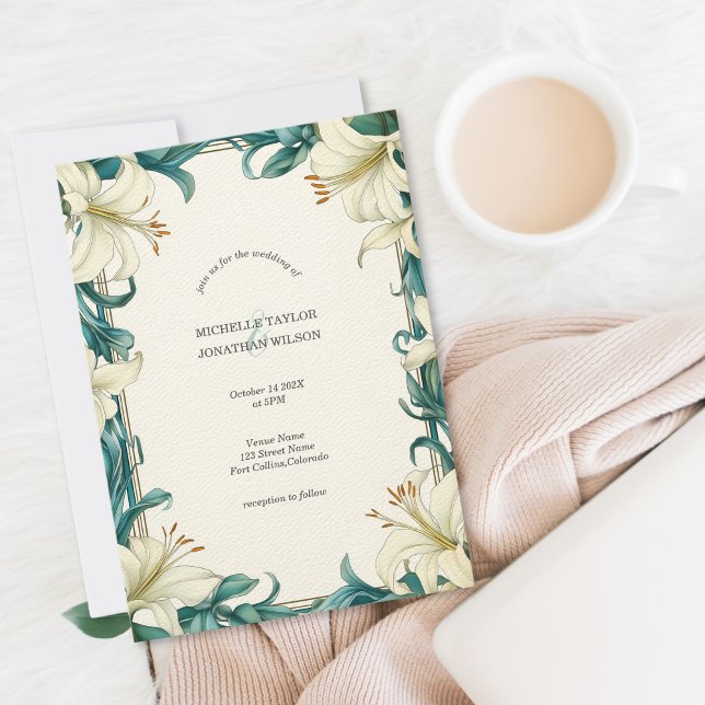 Vintage Rustikale Pastelgrün Blumenstrauß Jugendst Einladung (vintage white lilies)