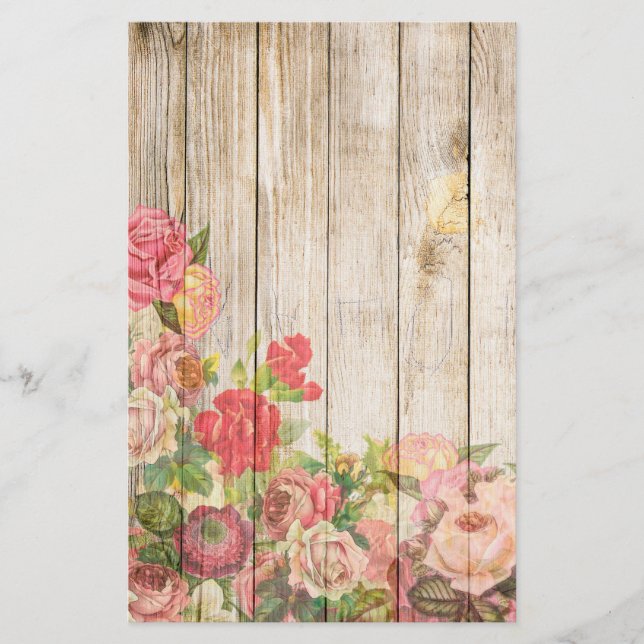 Vintage rustikale romantische Rose Holz Briefpapier (Vorderseite)