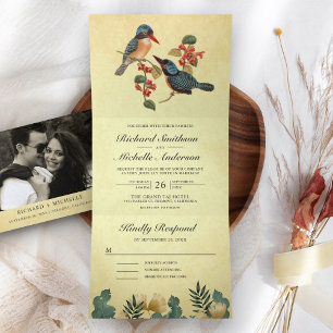 Vintage Rustikale Romantische Vögel Paar Hochzeit Dreifach Gefaltete Einladung