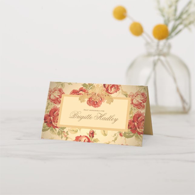 Vintage rustikale rote Rose Platzkarte (Vorderseite)