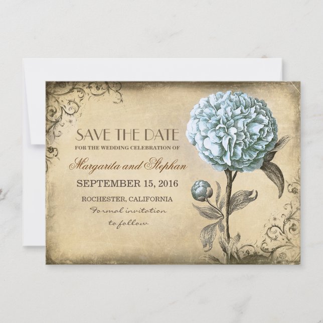 Vintage rustikale Save the Date-Karte mit blauer T Save The Date (Vorderseite)