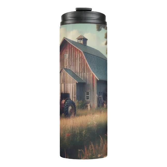 Vintage rustikale Scheune und alte Traktoren Thermosbecher (Vorderseite)