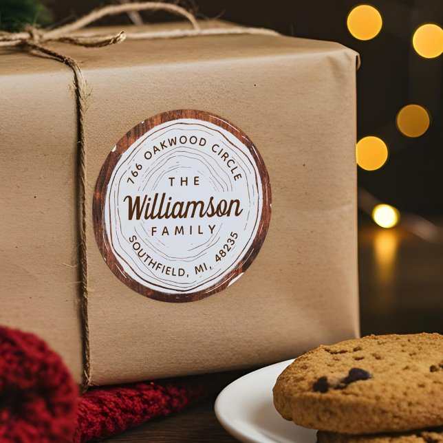 Vintage Rustikale Stammbaum-Slice-Familienadresse Runder Aufkleber (Vintage Rustic Woodgrain Tree Slice Family Address Classic Round Sticker)