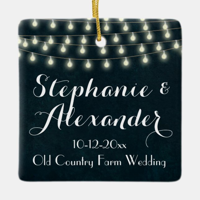 Vintage Rustikale String-Lights Hochzeitseifer Keramikornament (Vorderseite)