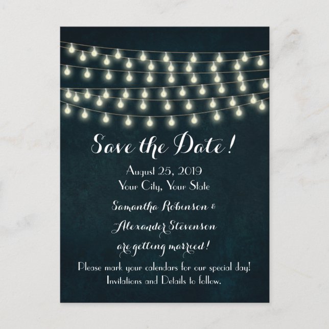 Vintage rustikale String Lights Navy Blue Wedding Ankündigungspostkarte (Vorderseite)