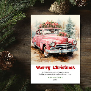 Vintage rustikale Weihnachtsszene rosa Auto Kunstw Feiertagskarte