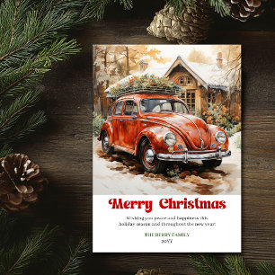 Vintage rustikale Weihnachtsszene rote Auto-Kunst Feiertagskarte