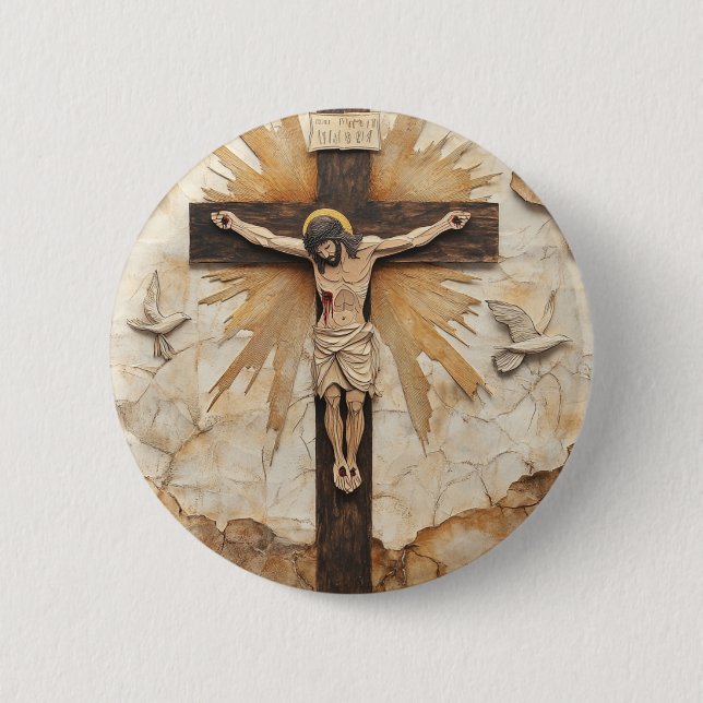 Vintage Rustikaler Jesus am Kreuz Button (Vorderseite)