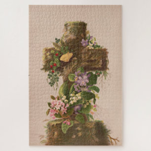 Vintage rustikales florales Kreuz, Osterkarte, Puzzle