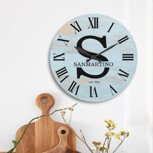 Vintage-rustikales Monogramm Familienname Große Wanduhr