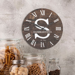 Vintage-rustikales Monogramm Familienname Große Wanduhr