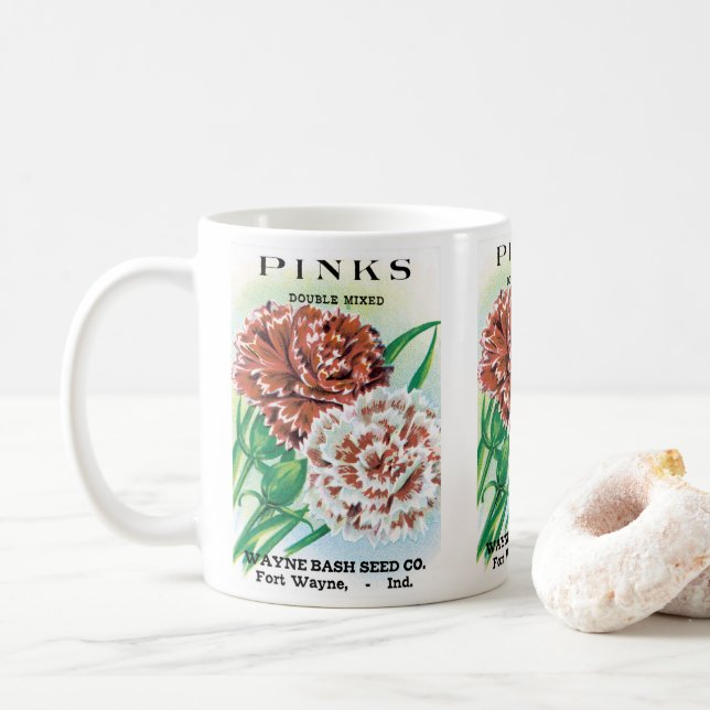 Vintage Saatgutverpackung Kunst, Pinks Nelke Blume Kaffeetasse (Mit Donut)