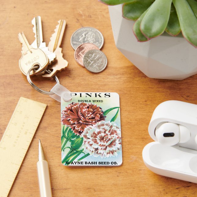 Vintage Saatgutverpackung Kunst, Pinks Nelke Blume Schlüsselanhänger (Schreibtisch)