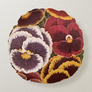 Vintage Saatpacketiketten, Blume der Gartenhalle Rundes Kissen