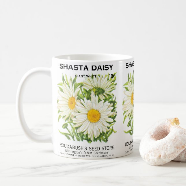 Vintage Saatpackung Kunst, Shasta Daisy Blume Kaffeetasse (Mit Donut)