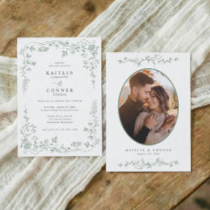 Vintage Sage-Grün Französische Florale Hochzeitsfo Einladung