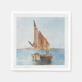Vintage Sailboat Watercolor Coastal Water View Serviette