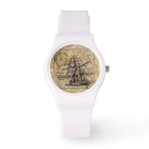 Vintage Sailing Ship and Old European Map Armbanduhr
