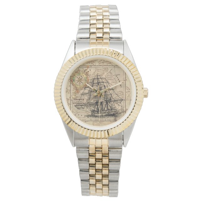 Vintage Sailing Ship and Old European Map Armbanduhr (Vorderseite)