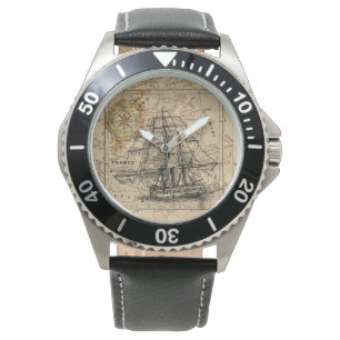 Vintage Sailing Ship and Old European Map Armbanduhr