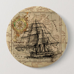 Vintage Sailing Ship and Old European Map Button