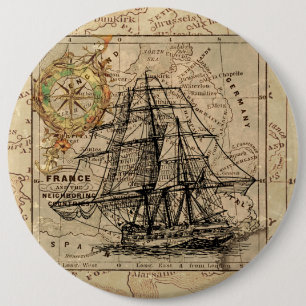 Vintage Sailing Ship and Old European Map Button