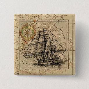 Vintage Sailing Ship and Old European Map Button