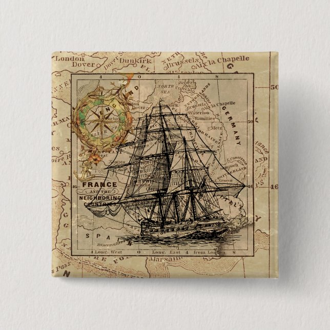 Vintage Sailing Ship and Old European Map Button (Vorderseite)