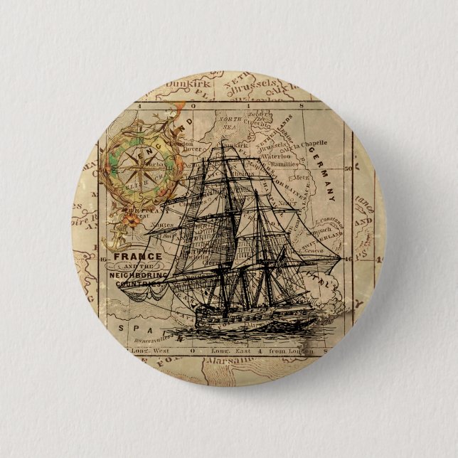 Vintage Sailing Ship and Old European Map Button (Vorderseite)