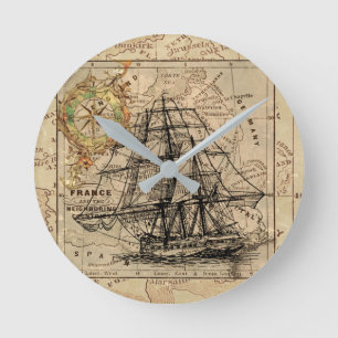 Vintage Sailing Ship and Old European Map Runde Wanduhr