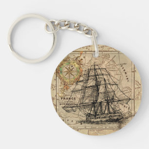 Vintage Sailing Ship and Old European Map Schlüsselanhänger