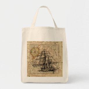 Vintage Sailing Ship and Old European Map Tragetasche