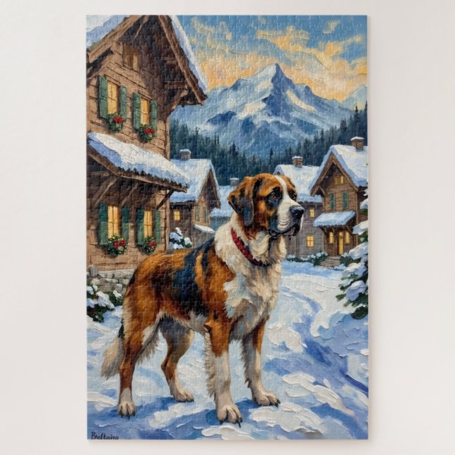 Vintage Saint Bernard Alpine Christmas Painting Puzzle (Vertikal)