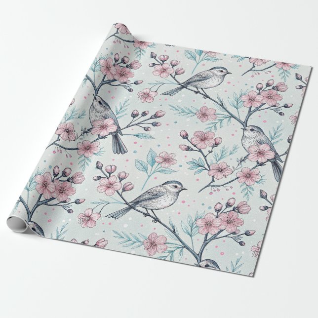Vintage Sakura Cherry Blossom & Bird Ästhetik 4 Geschenkpapier (Ungerollt)