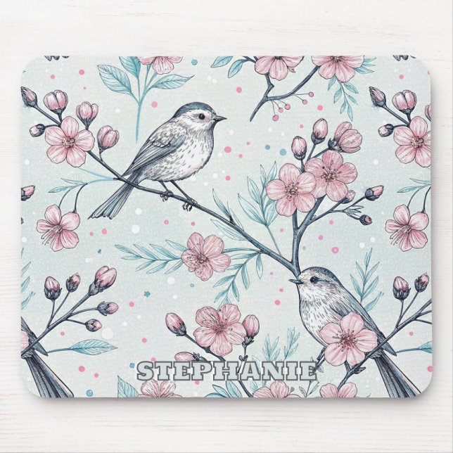 Vintage Sakura Cherry Blossom & Bird Ästhetik 4 Mousepad (Vorne)