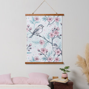 Vintage Sakura Cherry Blossom & Bird Ästhetik 4 Wandteppich Mit Holzrahmen