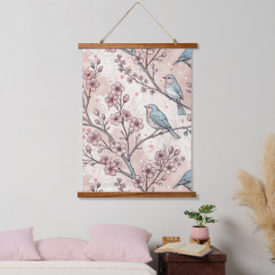Vintage Sakura Cherry Blossom & Bird Ästhetik 5 Wandteppich Mit Holzrahmen