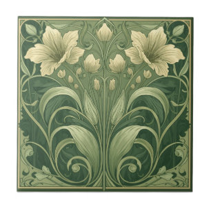 Vintage Salbei-Grün Art Nouveau Floral  Fliese
