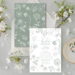Vintage Salbei-Grün Floral Schrift Brautparty Einladung