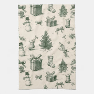 Vintage Salbei-Grün Winter-Toile-Weihnachten (2) Geschirrtuch