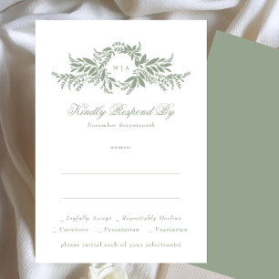 Vintage Salbei-grüne Blattkranz-Monogramm-Hochzeit RSVP Karte