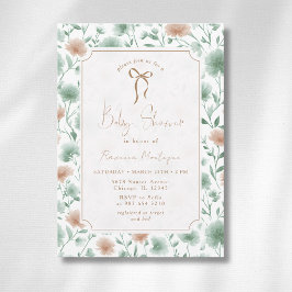 Vintage-Salbei-Pfirsich-Wildblumen-Schleife-Baby-P Einladung
