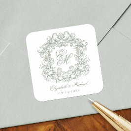 Vintage Salbeigrün Elegantes Hochzeitsmonogrammwap Quadratischer Aufkleber